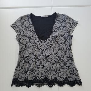 Y2K Fairy Grunge Top Womens Large Black Damask Lace Beaded V Neck Scalloped Hem
